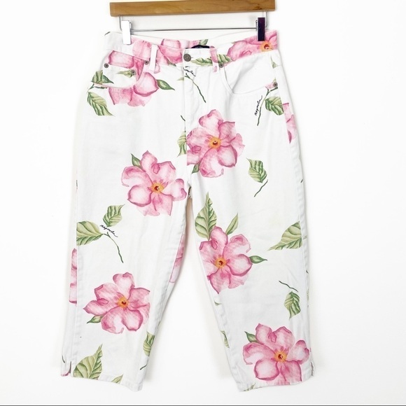 VINTAGE BILL BLASS Easy Fit High Waisted Cropped Mom Jeans White Floral 80s 90s - Picture 1 of 9